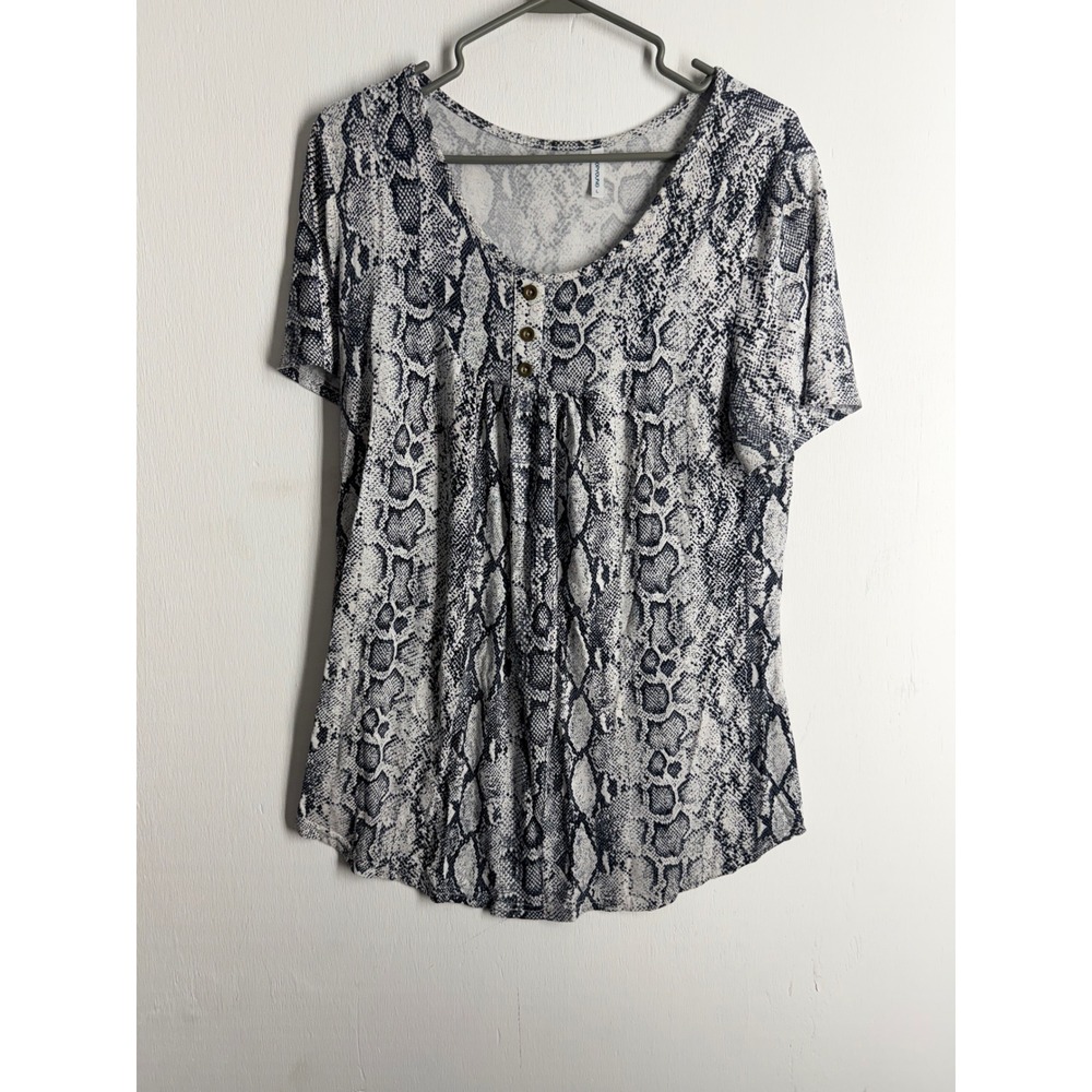 Popyoung Womens Snakeskin Print Henley Tunic Top Grey White Short Sleeve Large